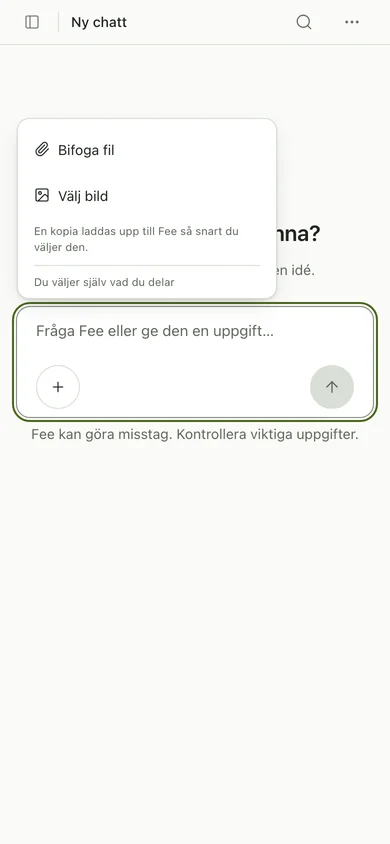 Menyn bredvid meddelandefältet där du väljer en fil eller en bild att bifoga