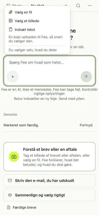 Menuen ved siden af beskedfeltet, hvor du vælger en fil eller et billede, der skal vedhæftes