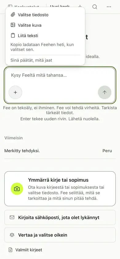 Viestikentän vieressä oleva valikko, josta valitset liitettävän tiedoston tai kuvan