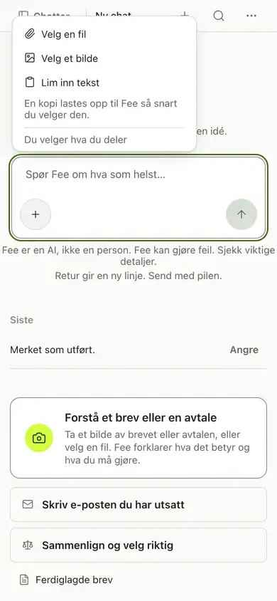 Menyen ved siden av meldingsfeltet, der du velger en fil eller et bilde som skal legges ved