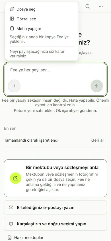 Mesaj alanının yanındaki, eklenecek dosya veya fotoğrafı seçtiğiniz menü