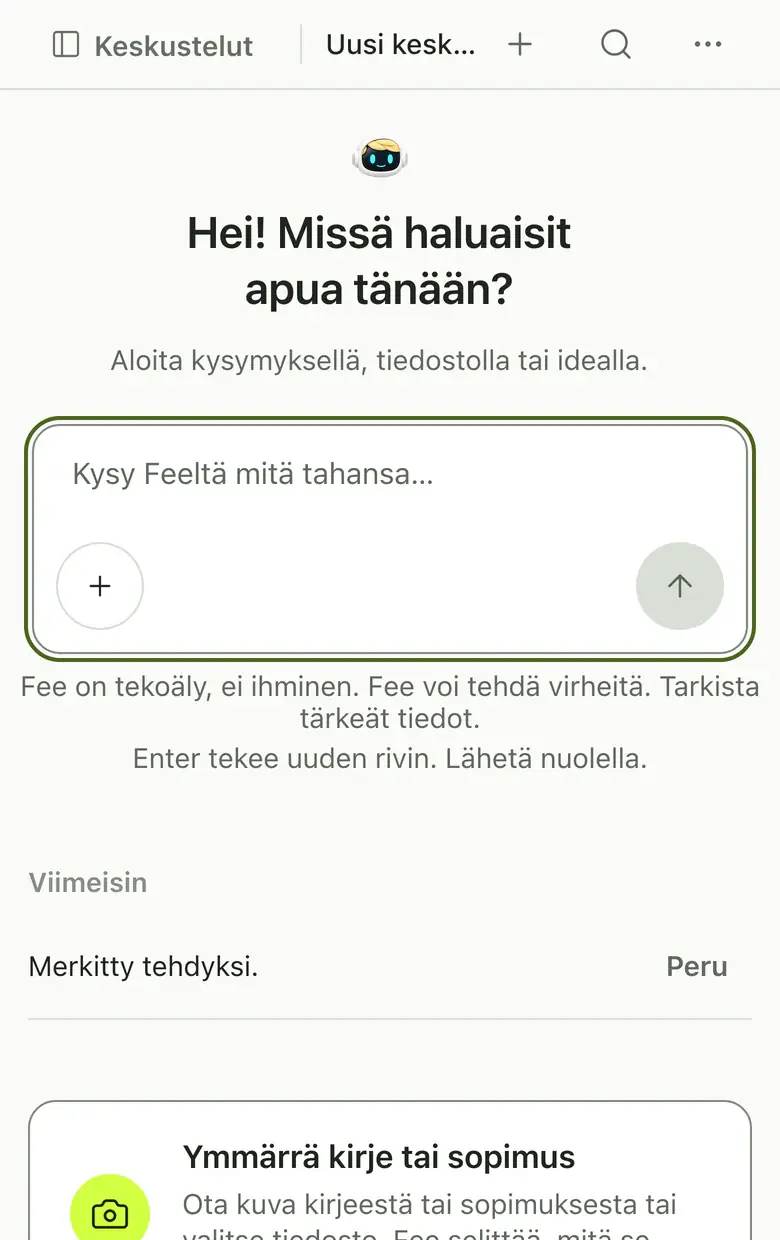 Fee selaimessa ja kenttä, johon kirjoitat kysymyksesi.