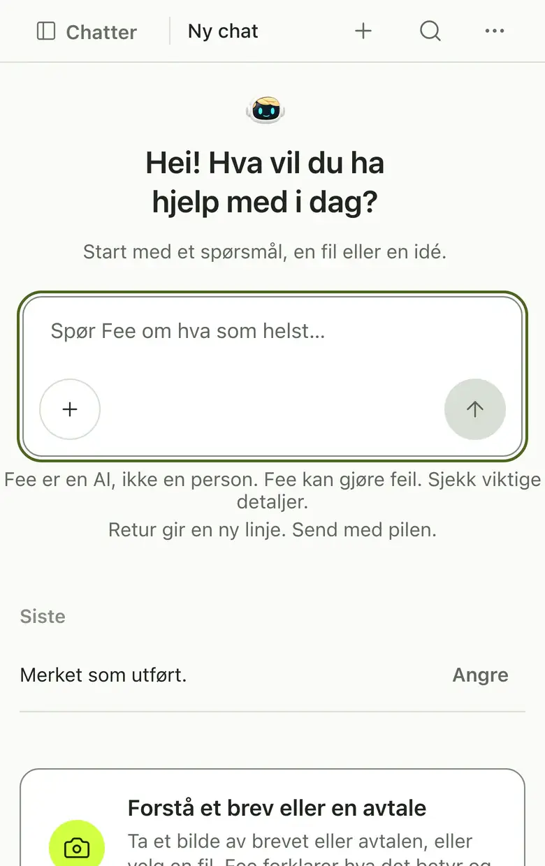 Fee i nettleseren, med et felt der du skriver spørsmålet ditt.
