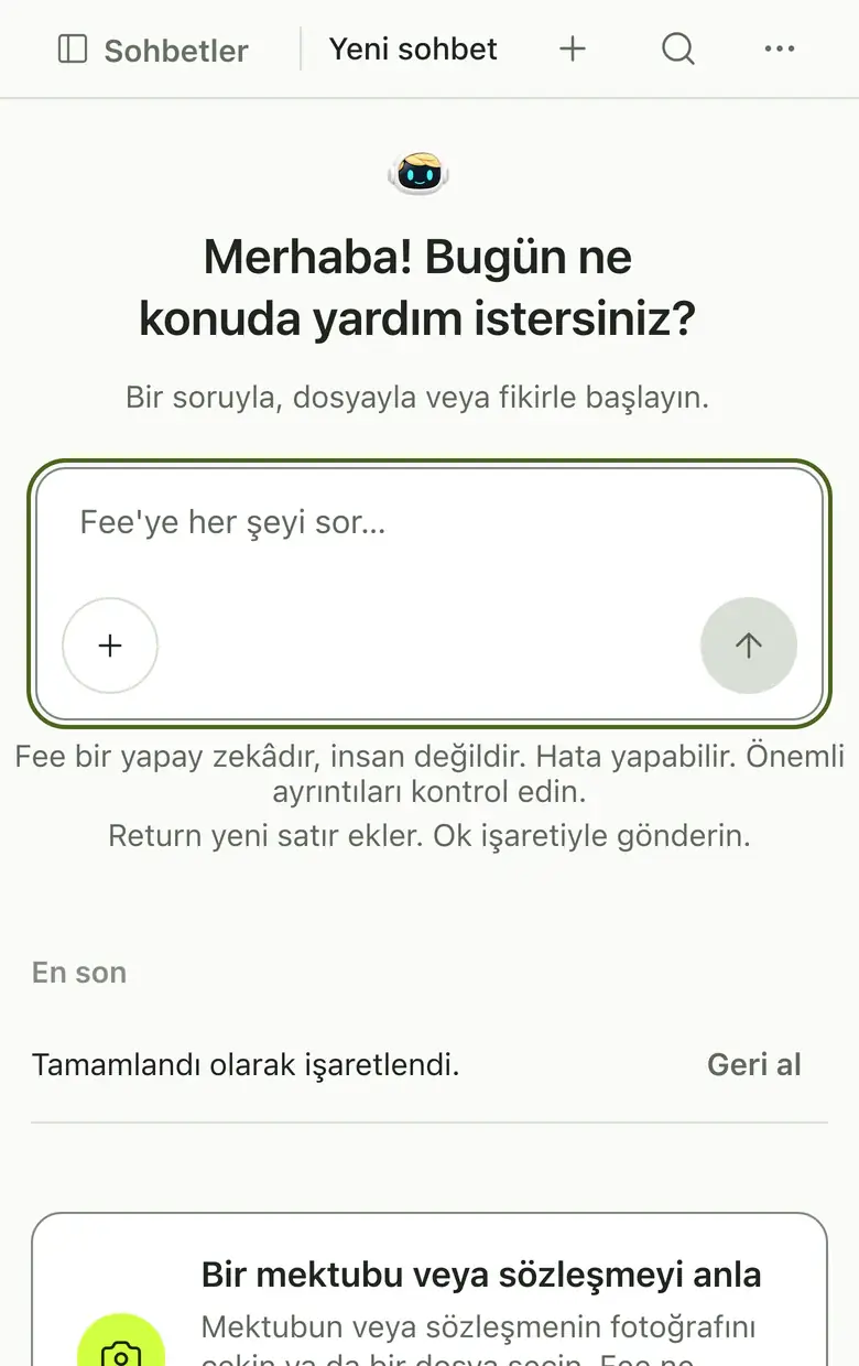 Sorunuzu yazacağınız bir alanla tarayıcıdaki Fee görünümü.