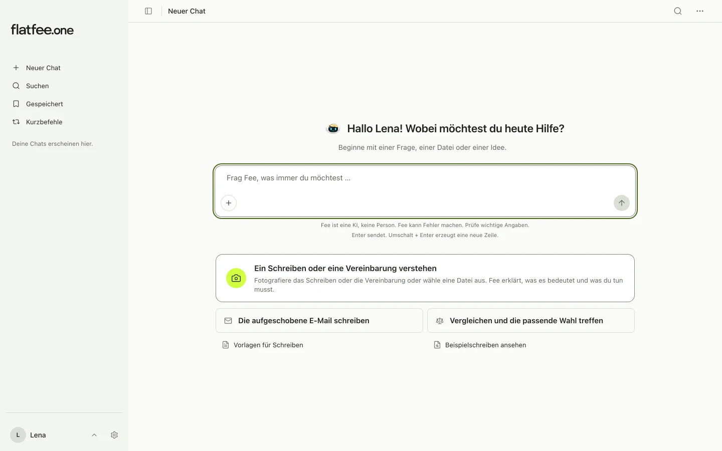 Startansicht von Fee mit Seitenleiste, Eingabefeld und Vorschlägen, um ein Schreiben zu verstehen, eine E-Mail zu schreiben und zu vergleichen.