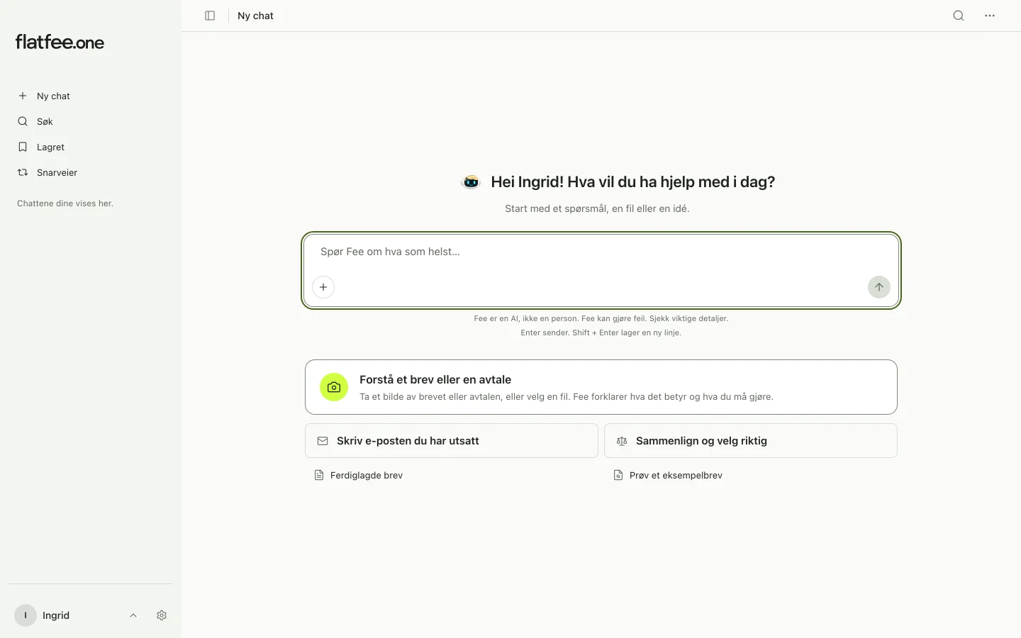 Fees startvisning med sidepanel, skrivefelt og forslag for å forstå et brev, skrive en e-post og sammenligne.