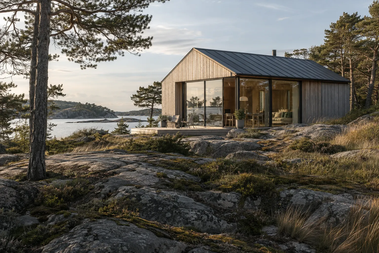Una casa de madera imaginada, con grandes cristaleras junto a una costa rocosa, al atardecer